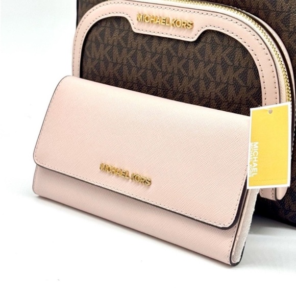 Michael Kors Jaycee Medium Logo Backpack & Matching Trifold Wallet Powder Blush